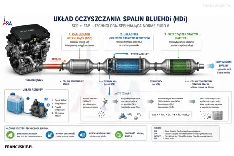Schemat układu oczyszczania spalin w silniku 1.9 TDI BlueHDi: katalizator DOC, SCR z wtryskiem AdBlue i filtr FAP.