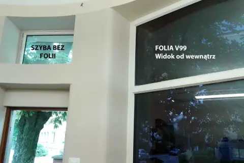 Okno weneckie z folią V99, widok od wewnątrz. Obok szyba bez folii, przez którą widać drzewo.