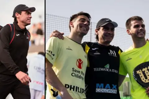 Juani Mieres, un campione di padel, con i suoi compagni di squadra, sorridenti dopo una partita.