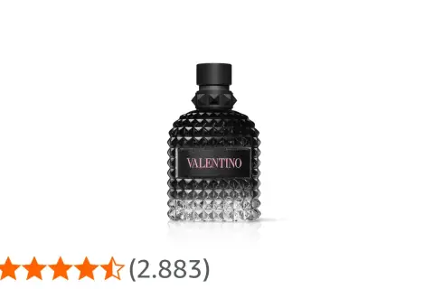 Frasco de perfume Valentino Uomo Born in Roma, negro con detalles plateados y etiqueta rosa.
