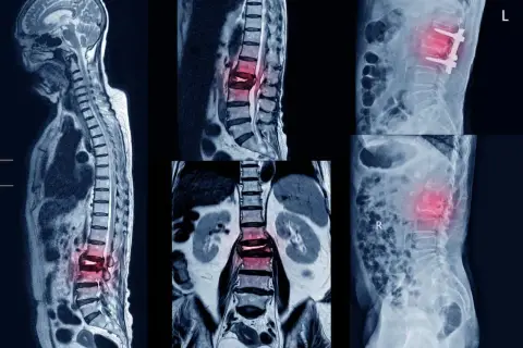 Obraz przedstawia rezonans magnetyczny i RTG kręgosłupa, ukazując problemy z krążkami międzykręgowymi w odcinku lędźwiowym oraz implanty kręgosłupa lędźwiowego po operacji.