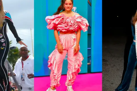Tres mujeres muestran cómo vestir con chándal: un mono de carreras, un conjunto rosa voluminoso y un traje de terciopelo azul.