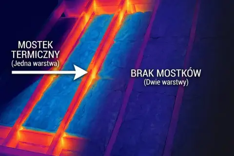 Termowizja poddasza: jedna warstwa izolacji z mostkiem termicznym (gorące linie) vs dwie warstwy bez mostków (niebieskie).