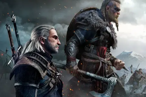Geralt i Eivor, bohaterowie gier podobnych do Assassin's Creed, gotowi do walki.