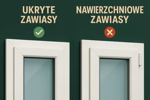 Porównanie okien: po lewej ukryte zawiasy, po prawej widoczne, nawierzchniowe zawiasy.