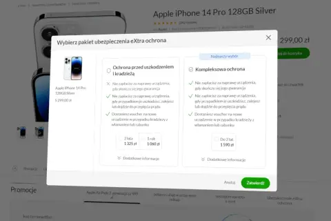 Wybierz ubezpieczenie iPhone 14 Pro. Pakiet eXtra ochrona obejmuje uszkodzenia i kradzież. Dostępne opcje na 1 lub 2 lata.