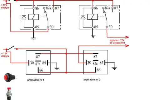 Schemat instalacji elektrycznej z przekaźnikami, podobny do tego w Skoda Octavia 2, z opisem bezpieczników i podłączeń.