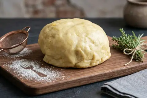 Impasto per pasta matta ricetta, pronto per essere steso. Farina sparsa e un rametto di rosmarino completano la scena.