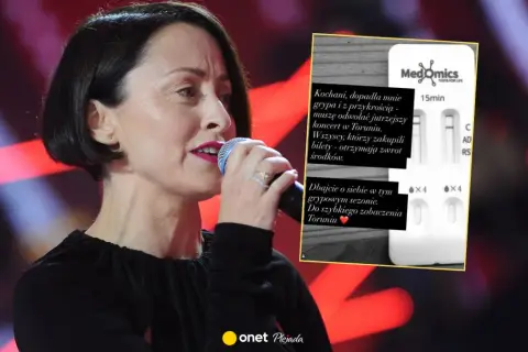 Natalia Przybysz odwołała koncert w Toruniu z powodu grypy. Na zdjęciu wokalistka z mikrofonem i testem medycznym.