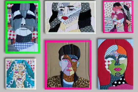 Sechs Patchwork-Porträts, inspiriert von digitalen Kunstideen, zeigen Gesichter aus Stoffresten.
