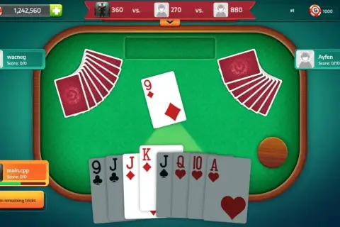 Gra w tysiaca: na stole karta 9 karo, gracze mają karty 9, J, J, K, J, Q, 10, A.