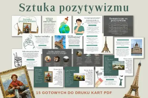 Karty PDF o sztuce pozytywizmu. Definicja pracy organicznej, cechy malarstwa, architektura i nauka.