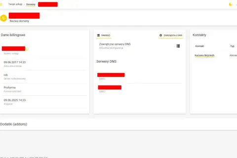 Panel administracyjny domeny. Widok szczegółów domeny, dane billingowe, serwery DNS i kontakty. To jest co to jest delegacja domeny.