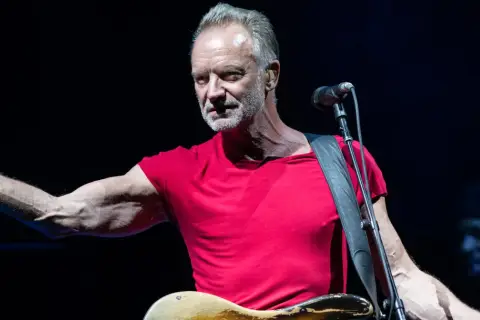 Sting w czerwonej koszulce, z gitarą i mikrofonem, jakby śpiewał o swoich dzieciach.