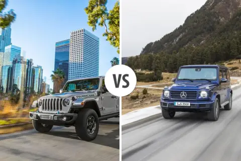 Szary Jeep Rubicon na tle miasta kontra niebieski Mercedes G-klasa na górskiej drodze.