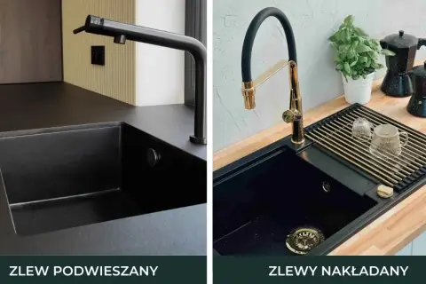 Dwa czarne zlewy w blatach kuchennych: jeden podwieszany z czarną baterią, drugi nakładany z złotą baterią, suszarką i kawiarkami.