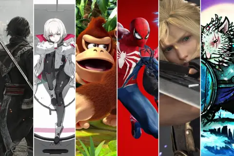 Nadchodzące gry na PS5: wojownik z mieczem, dziewczyna w białym stroju, Donky Kong, Spider-Man, Cloud Strife i tajemnicza postać w zimowej scenerii.