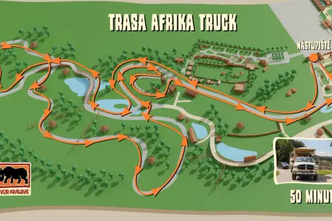 Mapa trasy "Afrika Truck" w Safari Parku Dvůr Králové. Pomarańczowe strzałki wskazują drogę przez teren parku, gdzie można zobaczyć zwierzęta.