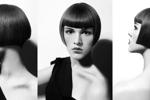 Tres vistas de un corte de pelo bob recto y pulido con flequillo recto.