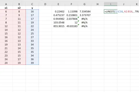 Arkusz kalkulacyjny Excel z danymi i formułą =LINEST, obliczającą sumę.