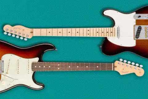 Stratocaster vs Telecaster : deux guitares électriques emblématiques, l'une avec trois micros et l'autre avec deux, sur fond turquoise.