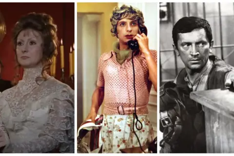 Kolaż scen z polskich filmów z lat 50, 60, 70. Kobieta w sukni, mężczyzna w różowym swetrze i spódnicy, mężczyzna w stroju lotnika.