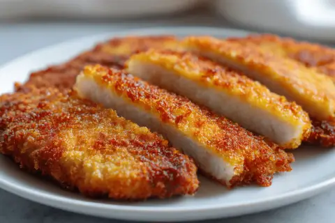 Chrupiące schabowe z airfryer na białym talerzu, pokrojone na kawałki, ukazujące soczyste wnętrze.