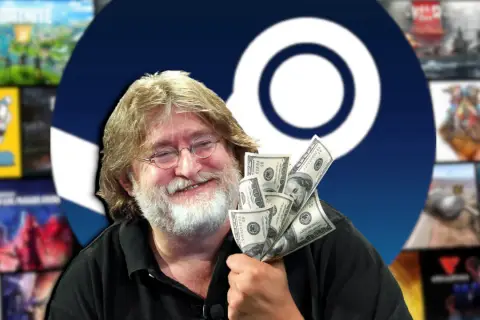 Gabe Newell z kupką dolarów, w tle logo Steam i okładki fajne gry na Steam.