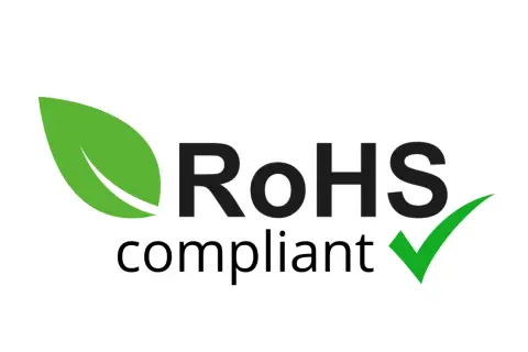 Zielony liść i zielony znaczek "ptaszka" obok napisu "RoHS compliant". To znak, że produkt jest zgodny z dyrektywą RoHS, która ogranicza stosowanie niebezpiecznych substancji.