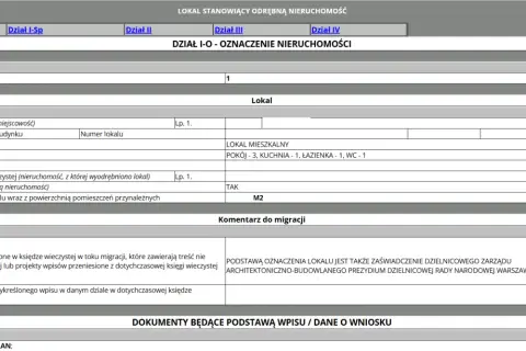 Fragment księgi wieczystej mieszkania w bloku: opis lokalu, kondygnacja, powierzchnia.