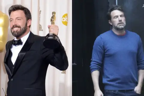 Ben Affleck z Oscarem i Ben Affleck w niebieskim swetrze. Ciekawe, ile lat ma Ben Affleck, patrząc na te zdjęcia.