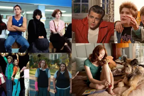 Kolaż scen z filmów, w tym z "The Breakfast Club", "Buntownika bez powodu" i "La La Land", prezentujący ikony kina, które mogłyby znaleźć się w rankingu 100 najlepszych filmów.