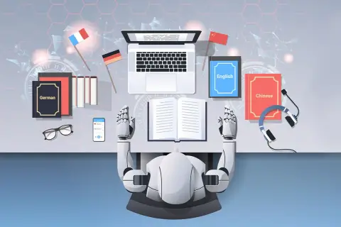 Robot z rękami nad otwartą książką, symbolizujący skutki wprowadzenia sztucznej inteligencji do korekty i tłumaczeń literackich. Obok flagi Francji, Niemiec, Chin, książki i słuchawki.