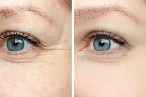 Przed i po zabiegu botox na twarz: wygładzone zmarszczki wokół oka, skóra wygląda młodziej i bardziej promiennie.