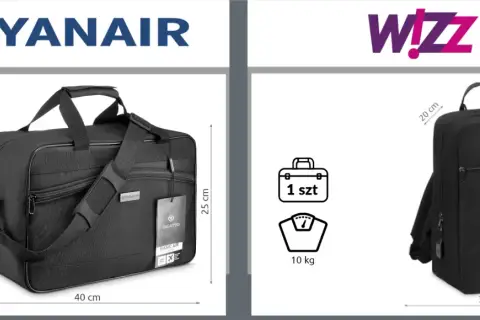 Plecak podróżny Ryanair: 40x25x20 cm, bez limitu wagowego. Idealny na wymiary bagażu podręcznego.
