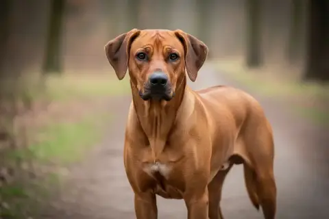 Ein stolzer afrikanischer Jagdhund steht auf einem Waldweg. Sein glänzendes, rotbraunes Fell und seine aufmerksamen Augen strahlen Kraft und Intelligenz aus.