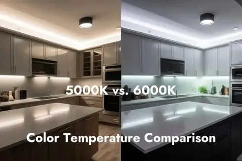 Porównanie kuchni w barwach 5000K i 6000K. Jaka to barwa światła? 6000K daje chłodniejsze, bardziej niebieskawe światło.