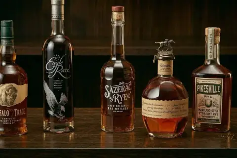 Pięć butelek whiskey: Buffalo Trace, Eagle Rare, Sazerac Rye, Blanton's, Pikesville Rye. Różnica między spirytusem rektyfikowanym a destylatem rolniczym jest tu widoczna w jakości i charakterze trunków.