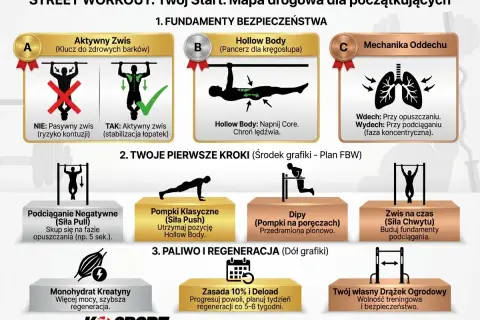 Plan FBW: ćwiczenia na drążku, pompki, dipy, zwisy. Podstawy bezpieczeństwa i regeneracji.