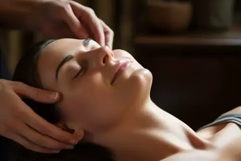 Kobieta z zamkniętymi oczami doświadcza kojącego dotyku podczas sesji reiki, odczuwając głęboki relaks i spokój.