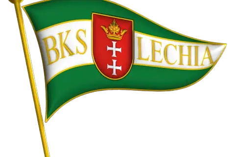 Flaga BKS Lechia Gdańsk z herbem i koroną. Symbol zgody i dumy kibiców.