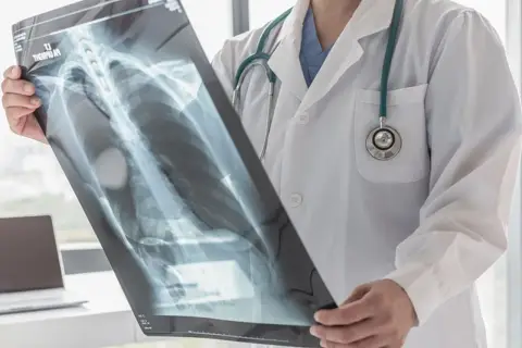 Lekarz analizuje zdjęcie rentgenowskie klatki piersiowej (thorax po polsku), oceniając stan płuc i żeber.