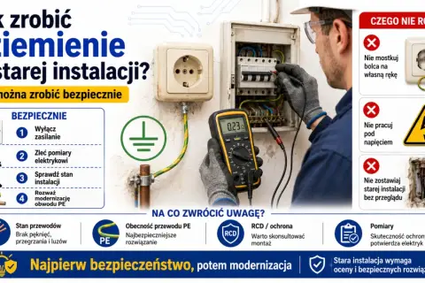Elektryk z multimetrem sprawdza instalację elektryczną. Poradnik o uziemieniu w starych instalacjach, podkreślający bezpieczeństwo i analizę stanu przewodów PE.