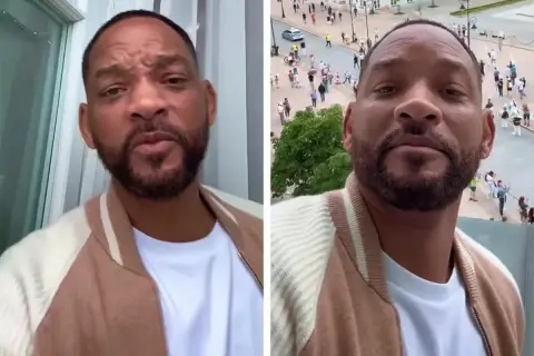Will Smith, znany z imponującego wzrostu, w beżowej kurtce. Na drugim zdjęciu widać tłum ludzi na placu.