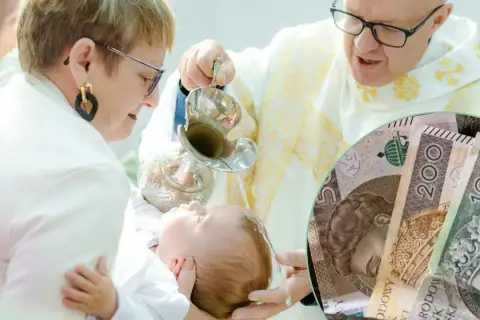 Chrzest dziecka, ksiądz polewa głowę wodą, a obok polskie banknoty. Ile pieniędzy na chrzest od dziadków?
