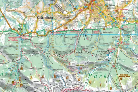Mapa Tatr Zachodnich z zaznaczonymi szlakami, dolinami i szczytami. Idealna na wyjazd w góry, pokazuje m.in. Zakopane, Kasprowy Wierch i Giewont.