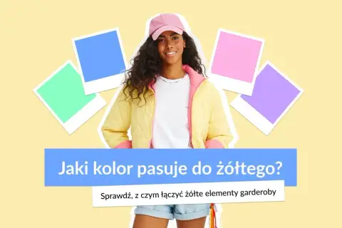 Uśmiechnięta dziewczyna w żółtej kurtce i różowej czapce, otoczona kolorowymi ramkami. Jaki kolor kanarkowy pasuje do żółtego?
