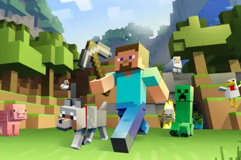 Steve z kilofem, pies, świnia, kurczak, owca, creeper i zombie w świecie Minecraft. Idealne do tworzenia skina Minecraft.