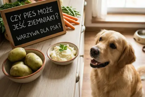 Złoty retriever patrzy na tabliczkę z napisem "Czy pies może jeść surowe ziemniaki?". Obok miska z puree ziemniaczanym i surowe ziemniaki.