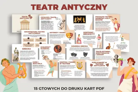 Teatr antyczny: architektura, aktorzy, maski, kostiumy, rekwizyty, muzyka, taniec, grecka tragedia i komedia, rola chóru, teatr rzymski, publiczność.
